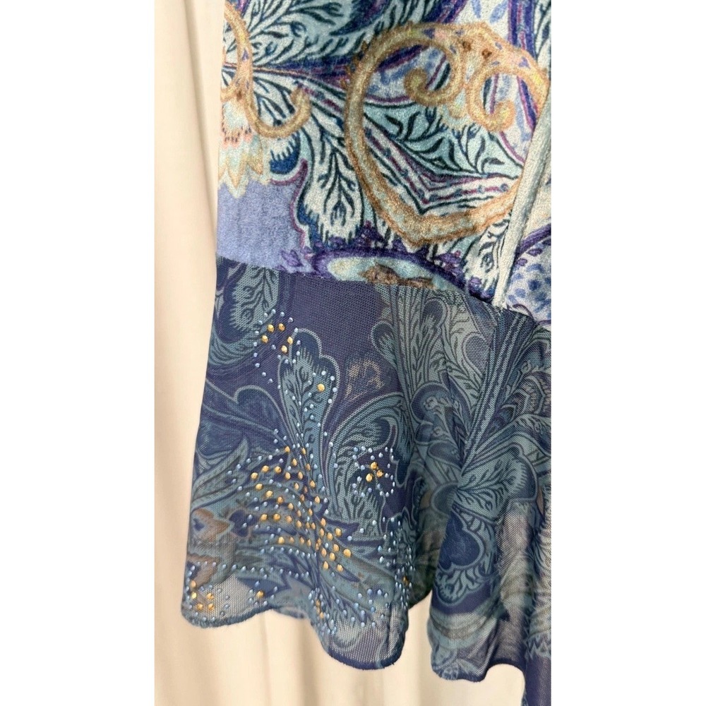 One World Blue Paisley Velvet Sheer Embellished Asymmetric Top XL NWT Boho Fairy - Picture 13 of 16